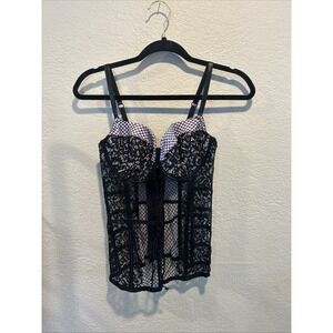 Victoria's Secret Black and Pink Fishnet Lace Longline Bustier Bra 36C